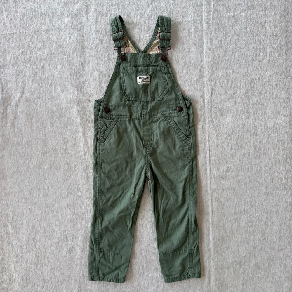 OshKosh B'gosh Toddler Overalls Size 2T Green Cotton Bib Overalls Floral Lining